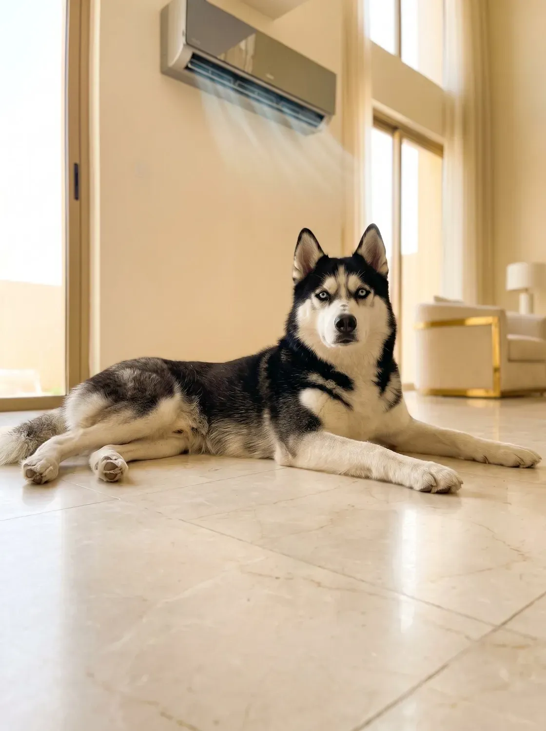 Siberian Husky, a black and white adult lying on a cool marble floor under an air conditioner
