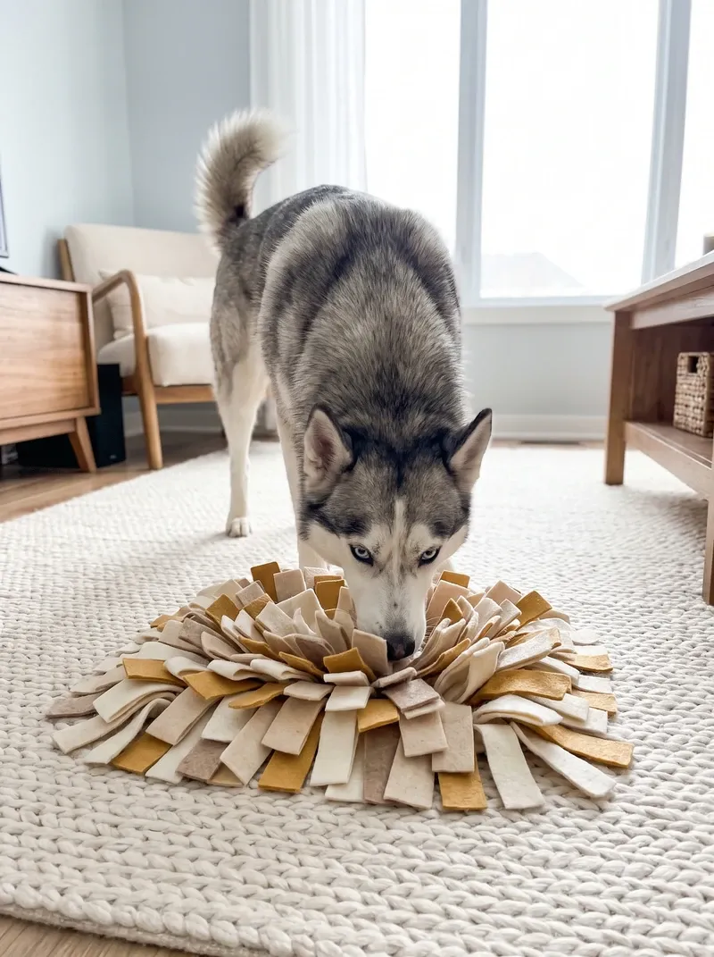 Siberian Husky, a grey and white adult sniffing out treats in a felt snuffle mat on a rug