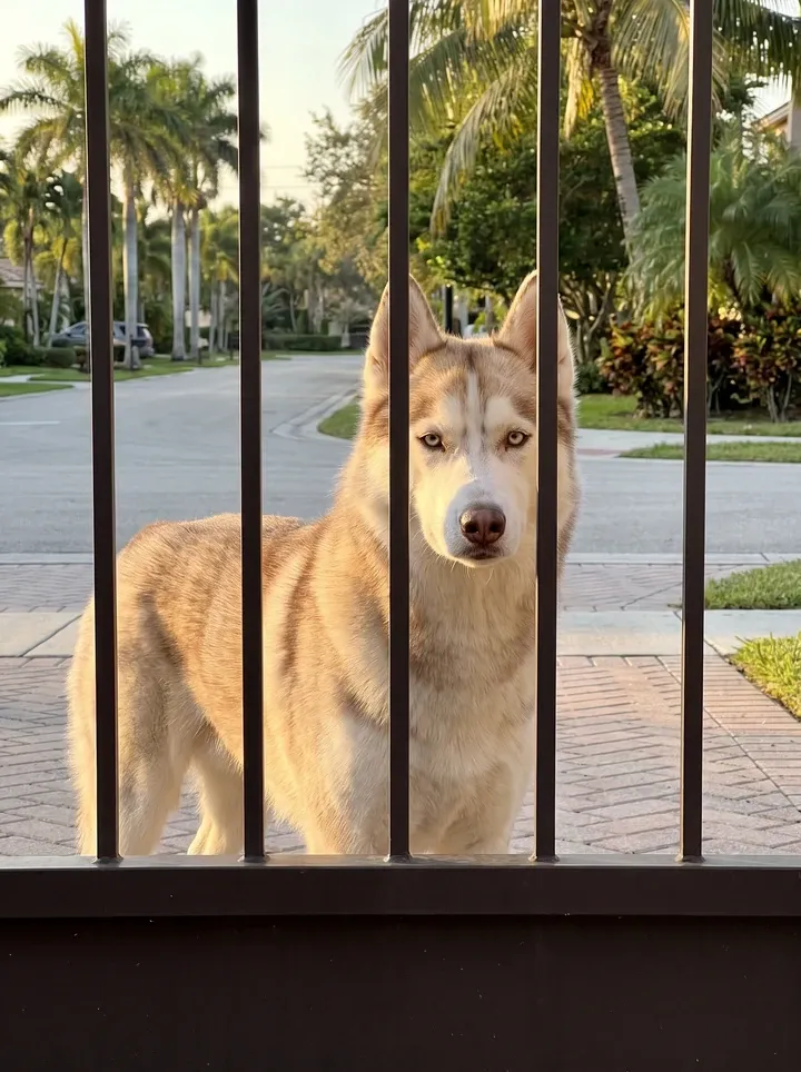 Siberian Husky in Dubai, a light red adult looking in through a villa gate, palms along the street behind