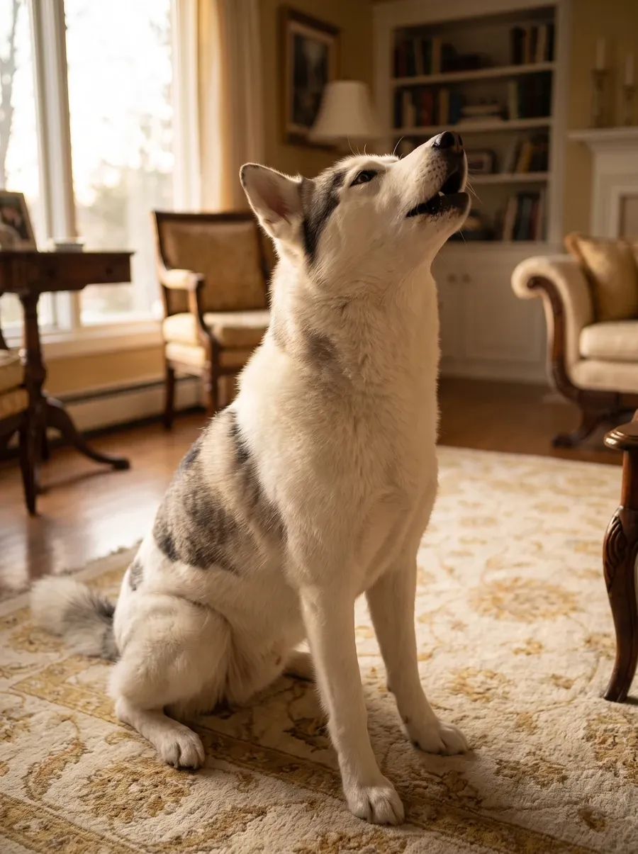 Siberian Husky, a white and grey adult sitting on a rug in a living room, muzzle raised in a howl