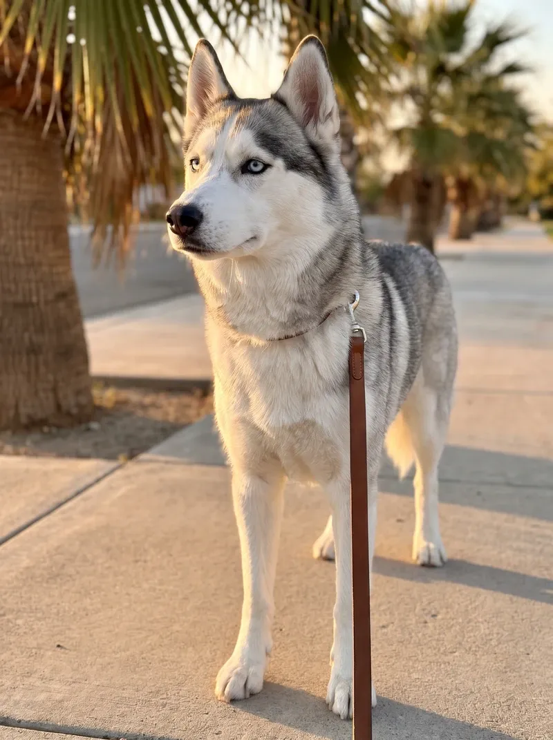 Siberian Husky in Dubai, a grey and white adult on a lead under palms at dawn, watching something nearby