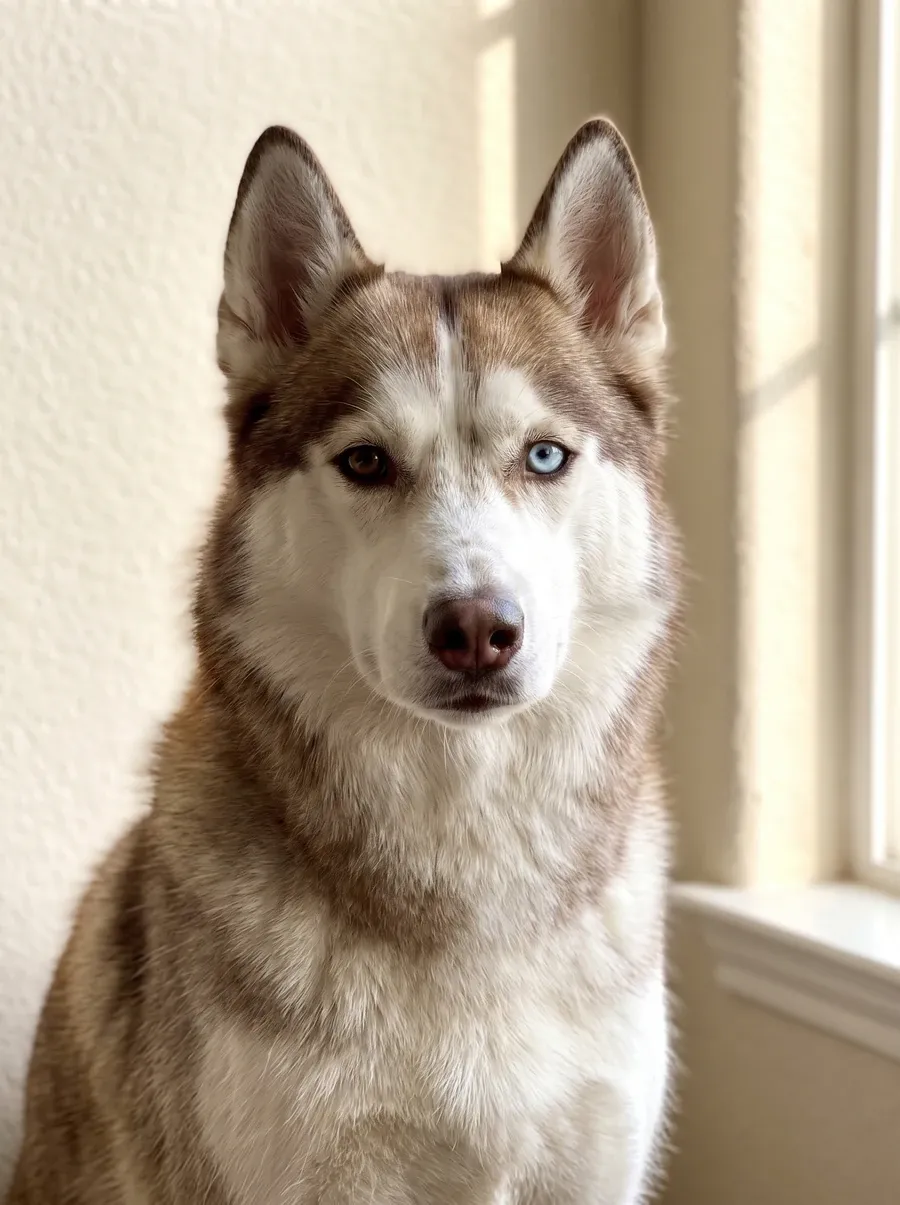 Siberian Husky, a red and white adult with one brown eye and one blue eye, looking at the camera