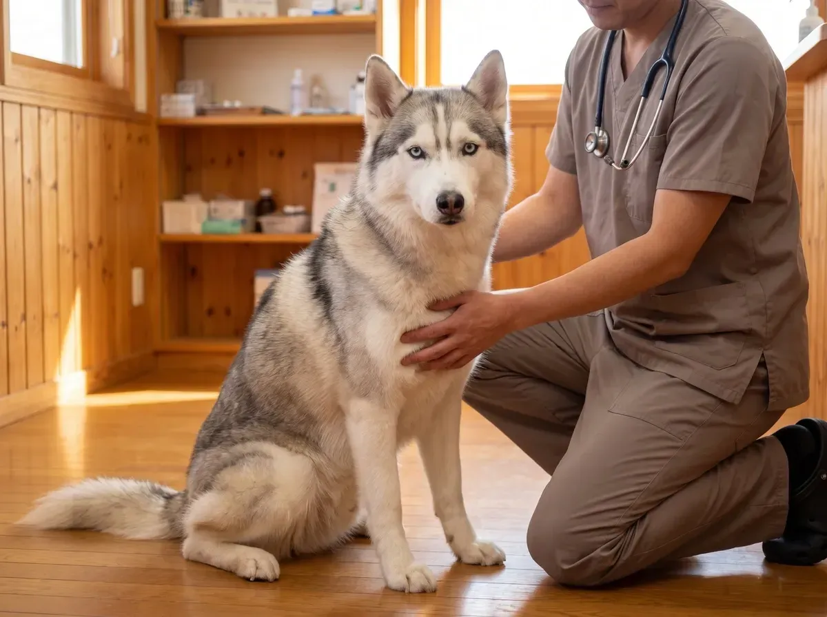 Siberian Husky, a grey and white adult sitting calmly as a vet in taupe scrubs kneels alongside