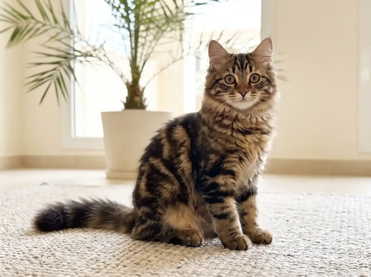 Siberian cat in Dubai, a brown tabby kitten sitting on a wool rug beside a potted date palm