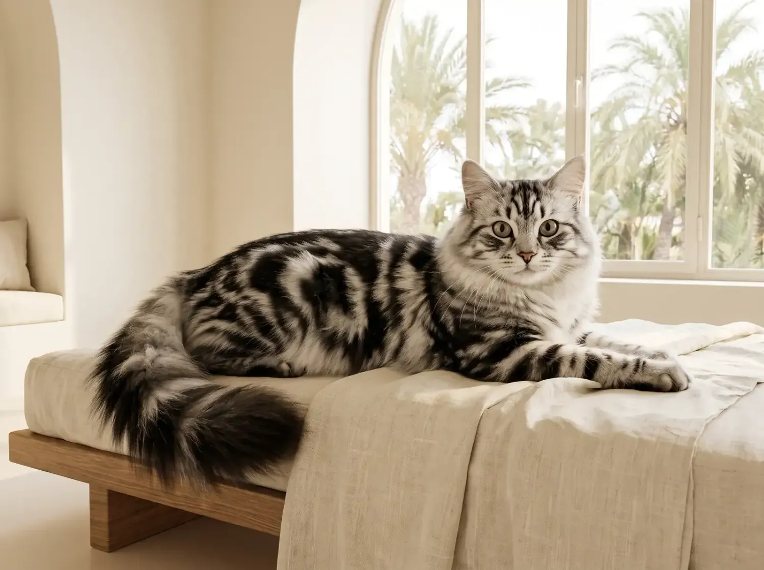 Siberian cat in Dubai, a silver tabby lying on a linen throw, palms through an arched window