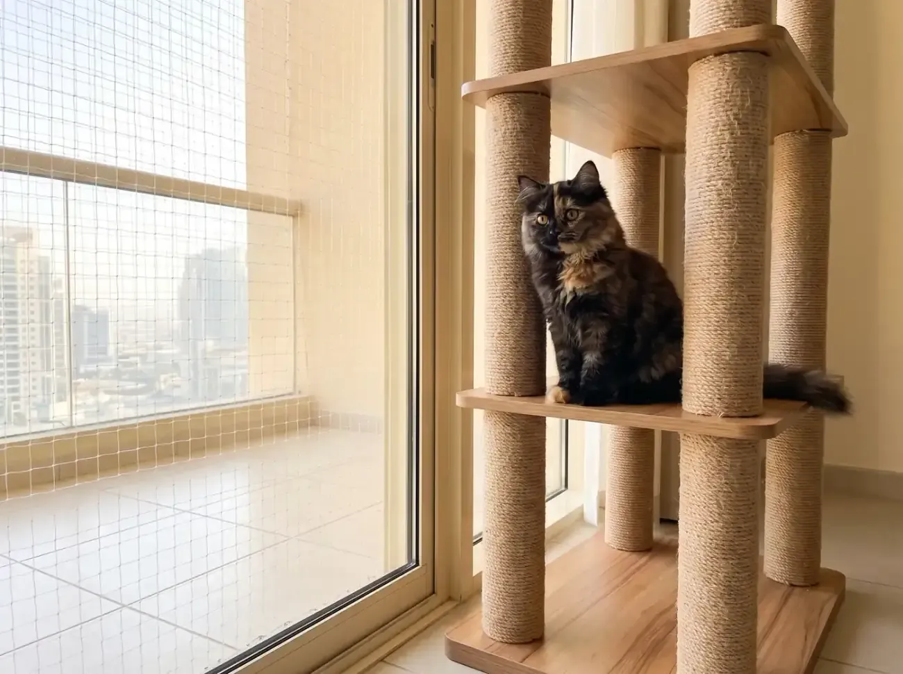 Siberian cat in Dubai, a tortoiseshell kitten on a cat tree beside a netted balcony, towers outside