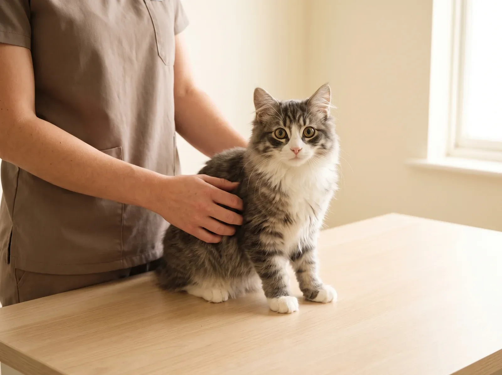 Siberian cat, a blue tabby and white kitten on a consultation table, a hand in taupe scrubs on it