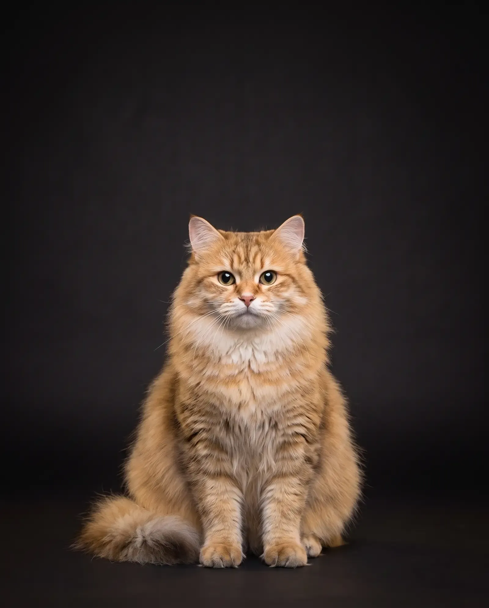 Siberian cat in Dubai, studio portrait of a large golden tabby adult with a full ruff, sitting
