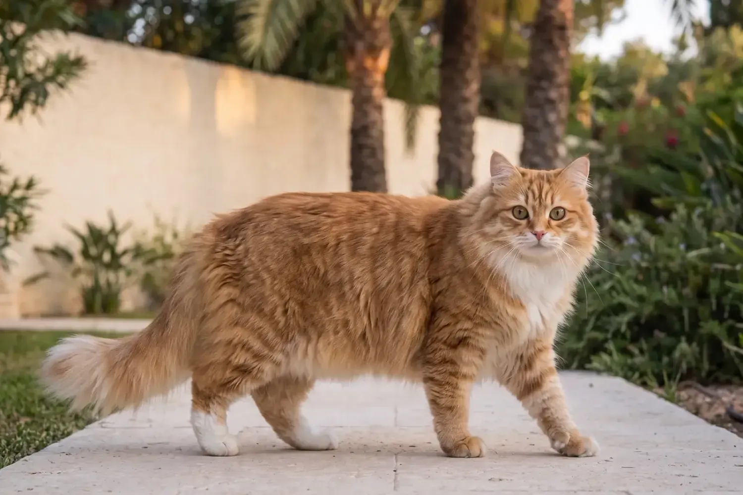 Siberian cat history, the breed today, a red tabby and white adult in a villa garden, Dubai, today
