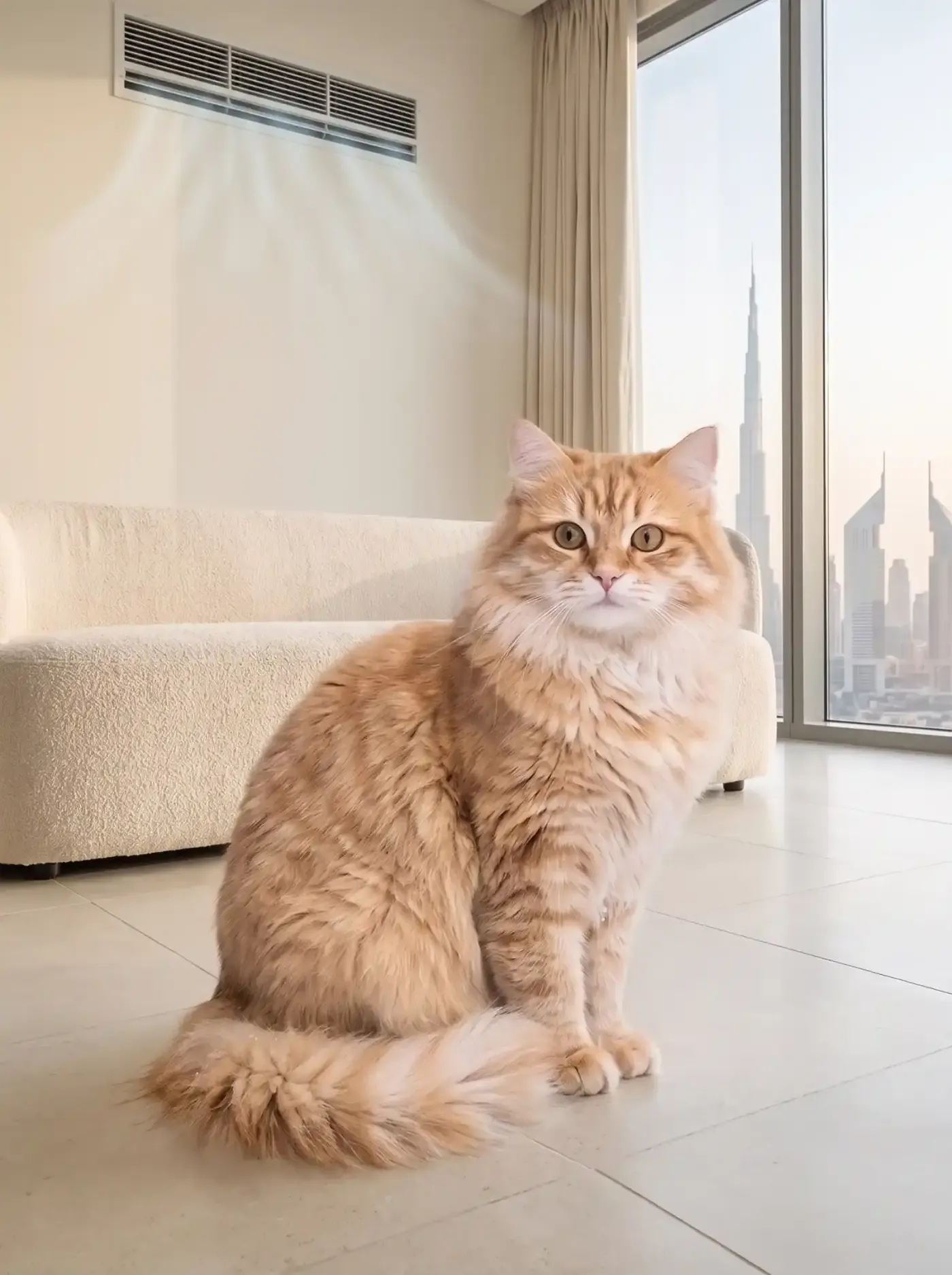 Siberian cat in Dubai, the same cat on cool tiles under an air conditioning vent, the Burj Khalifa outside