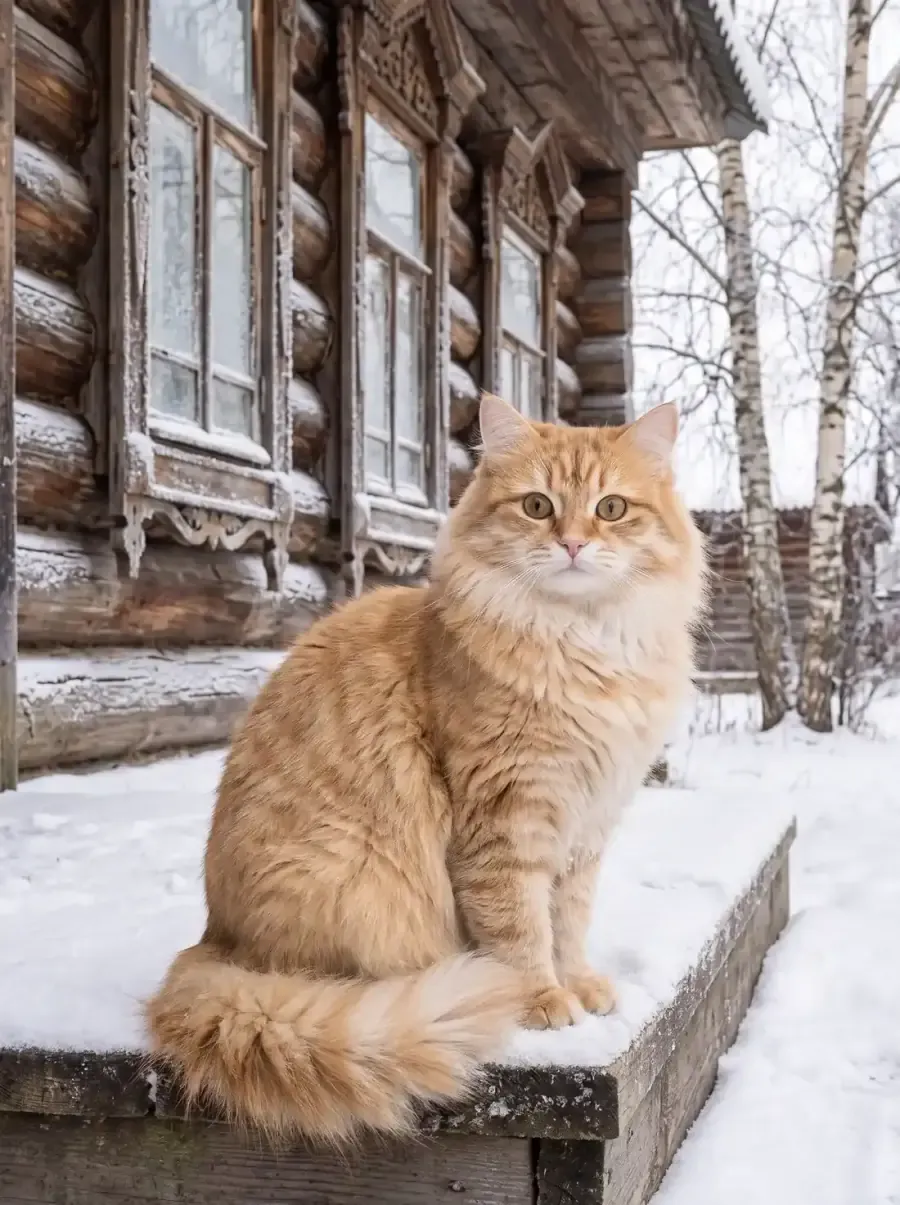 Siberian cat, a pale ginger adult on the snowy step of a log house in a Russian village