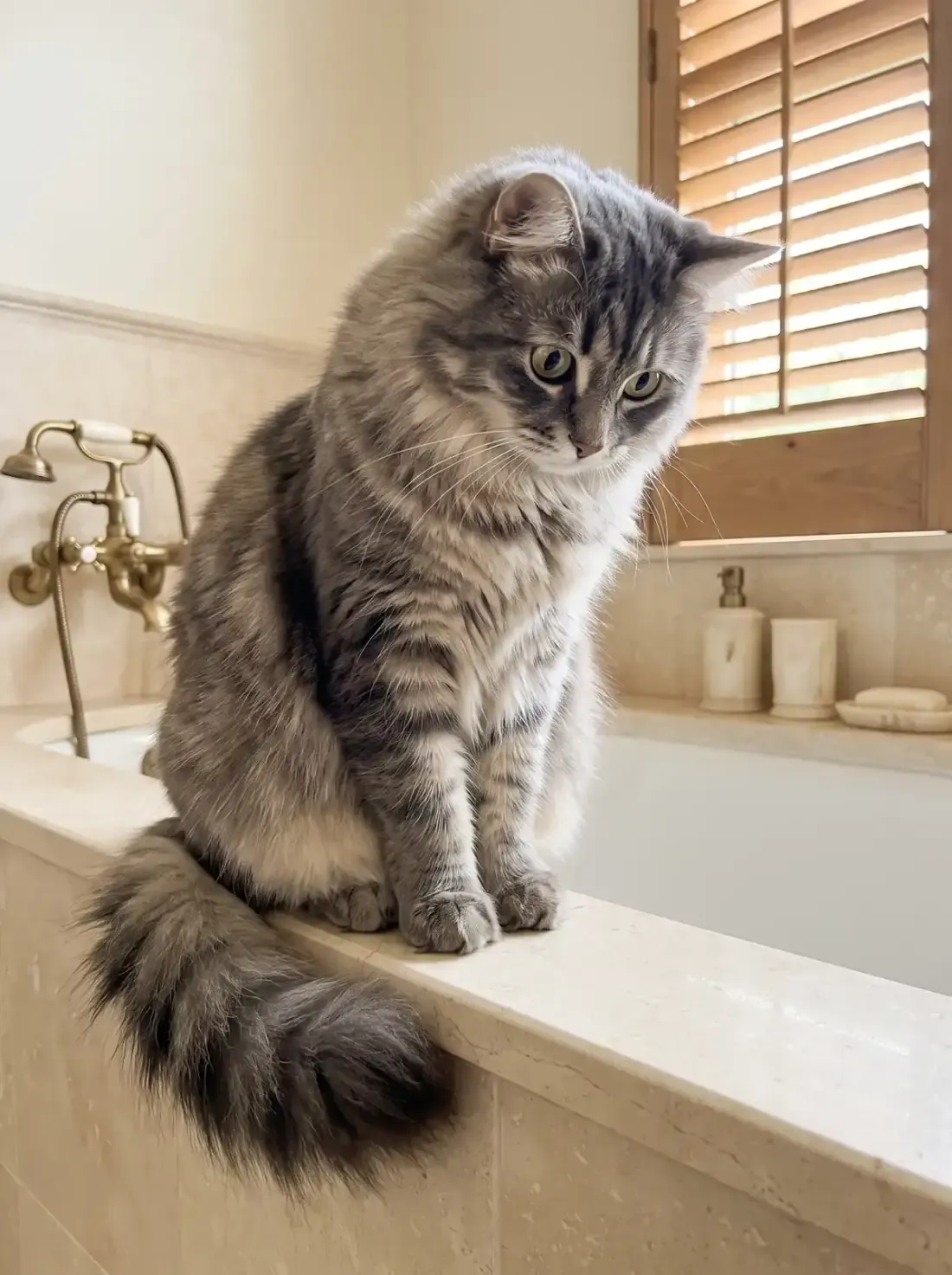 Siberian cat, a blue tabby sitting on the edge of a stone bath beside a brass tap