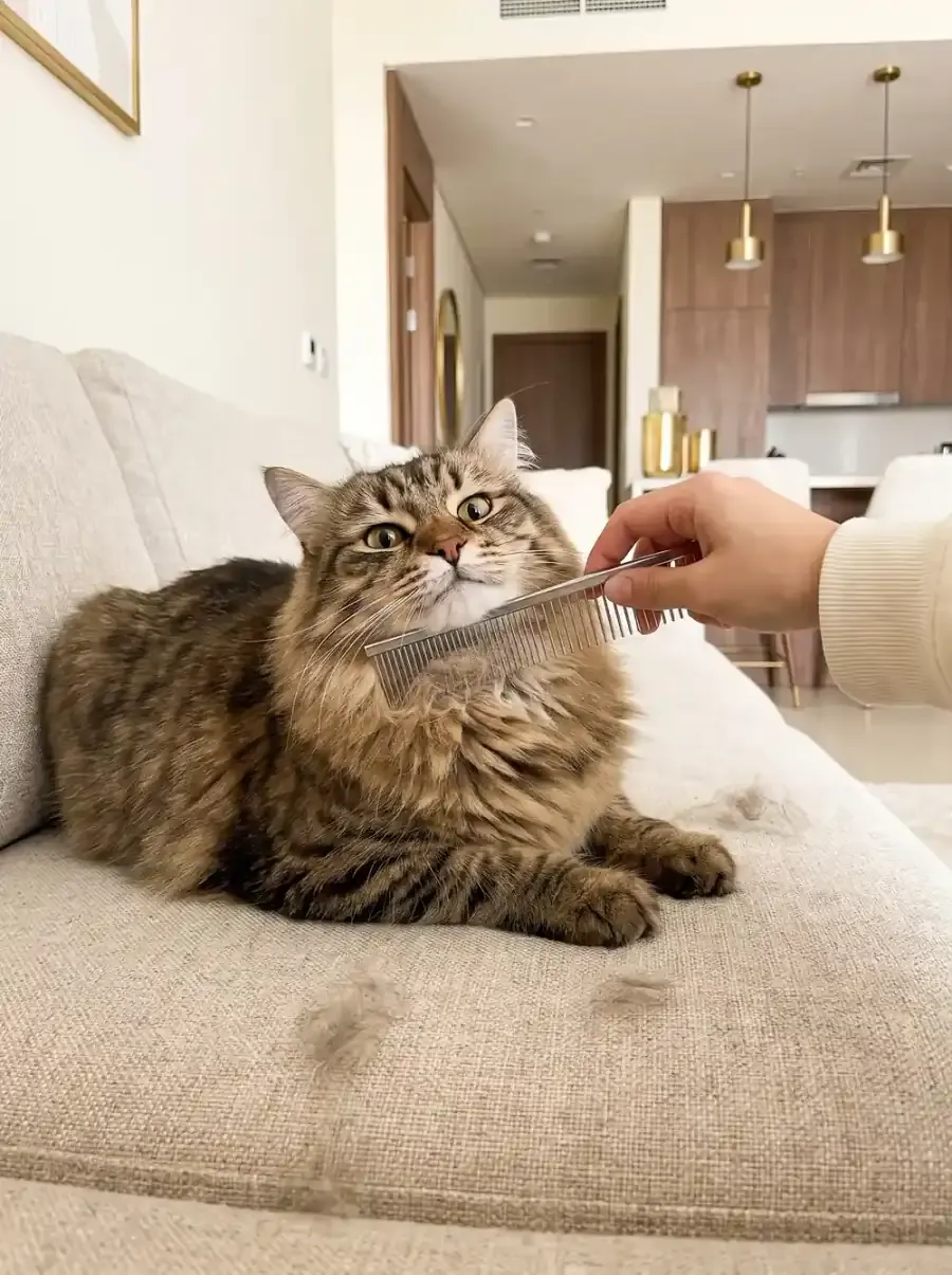 Siberian cat, a brown tabby on a sofa while a hand combs the thick ruff, loose fur beside