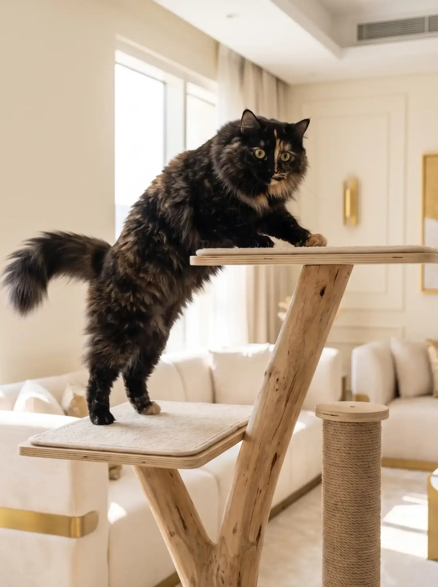 Siberian cat, a tortoiseshell climbing onto the top platform of a timber cat tree