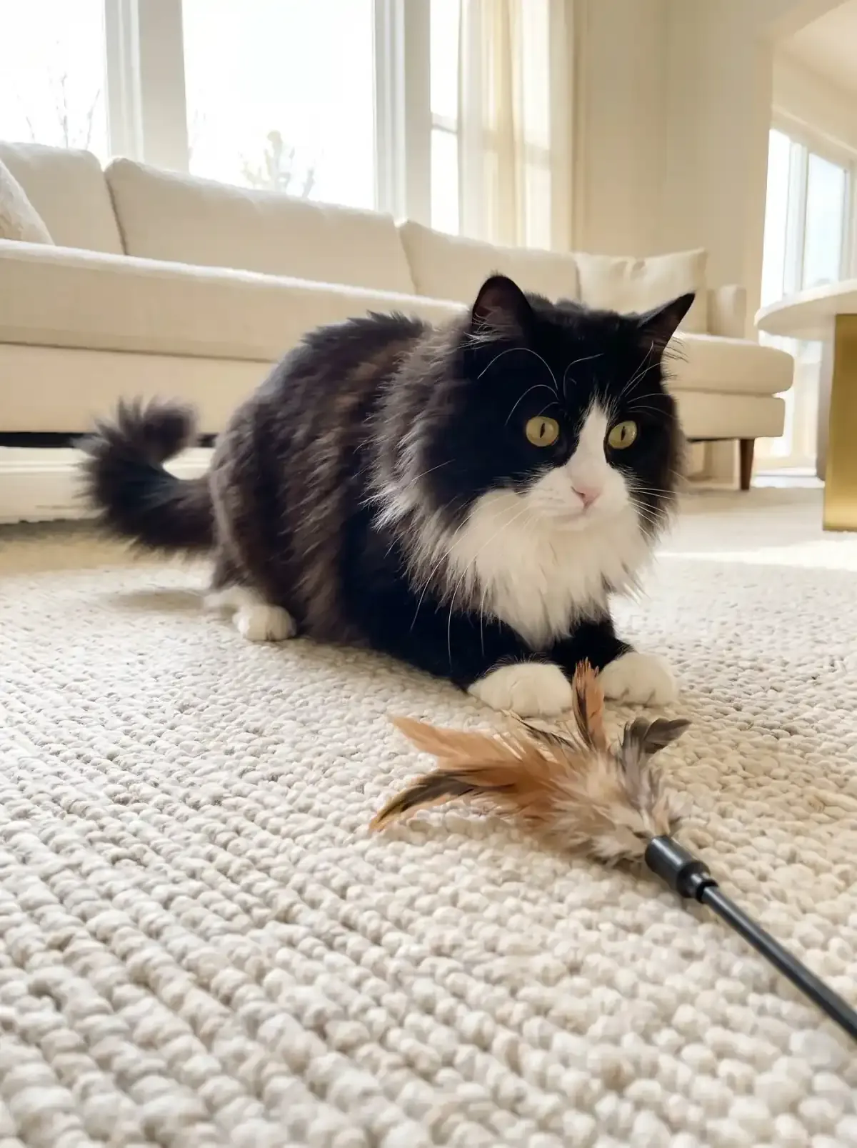 Siberian cat, a black and white adult crouched by a feather wand toy on a wool rug