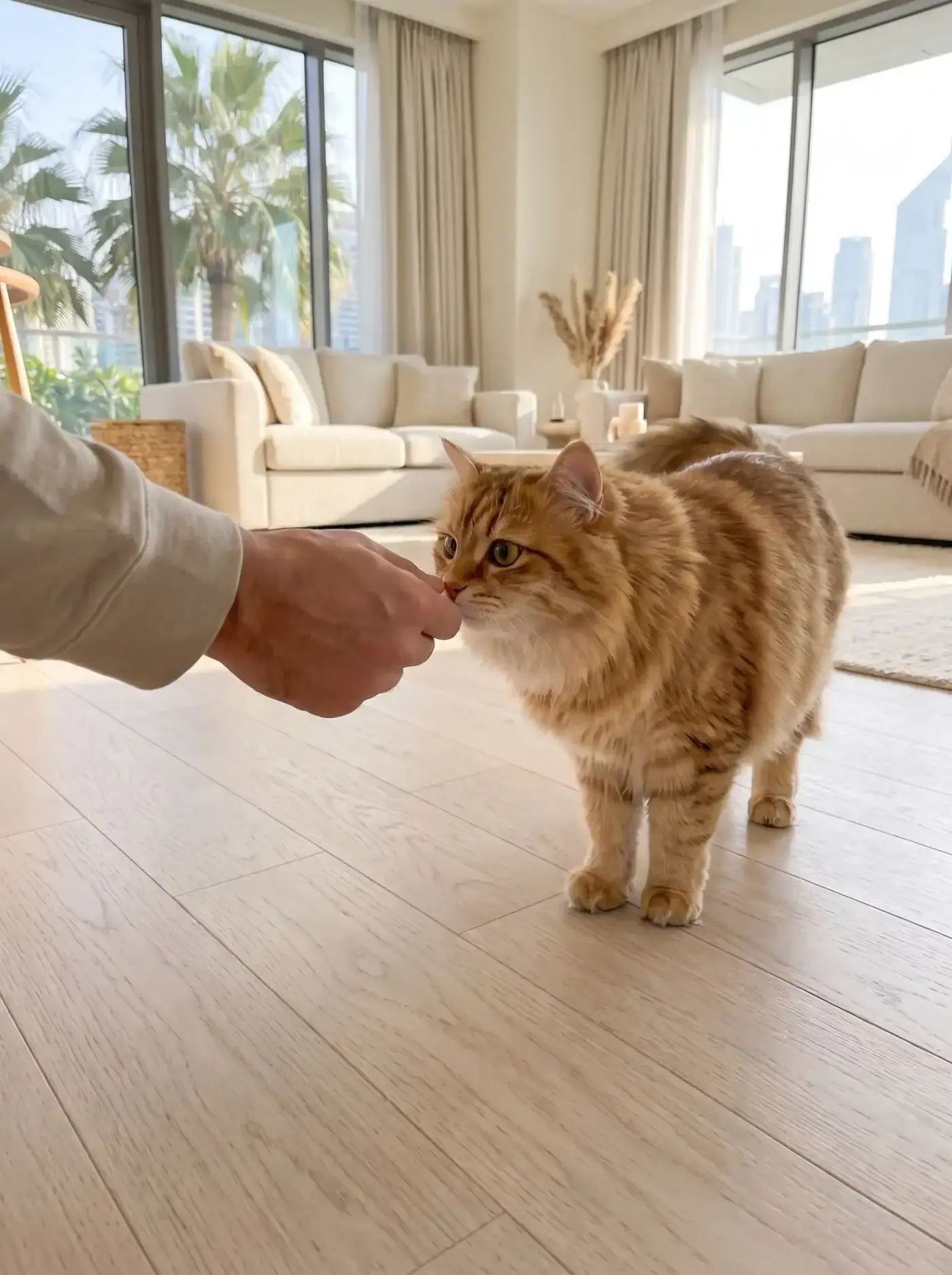 Siberian cat in Dubai, a golden tabby sniffing a person's outstretched hand, palms outside