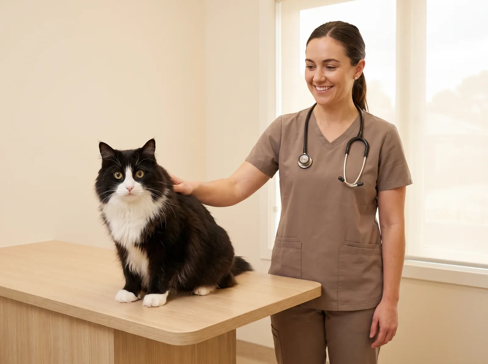 Siberian cat, a black and white cat on a consultation table, a smiling vet in taupe scrubs beside it