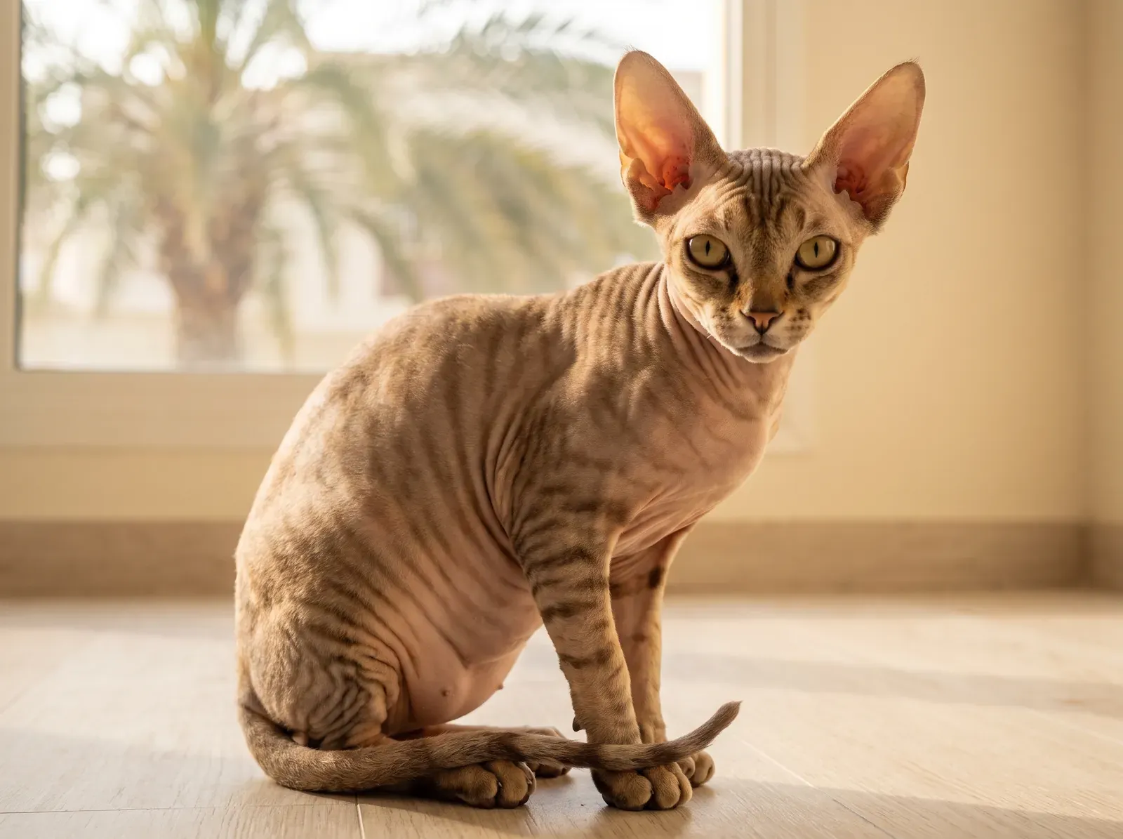 Sphynx in Dubai, a young brown tabby-marked cat sitting on a timber floor, a date palm outside