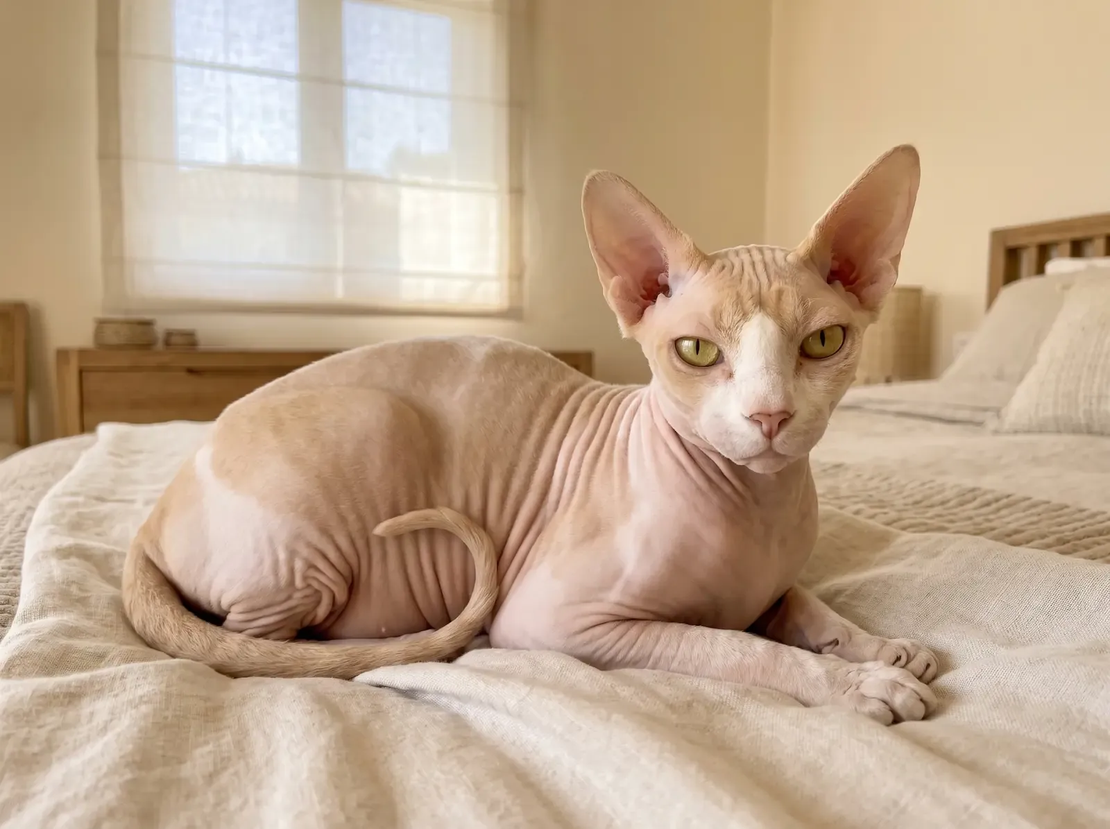 Sphynx, a cream and white adult lying on a cream linen throw on a bed