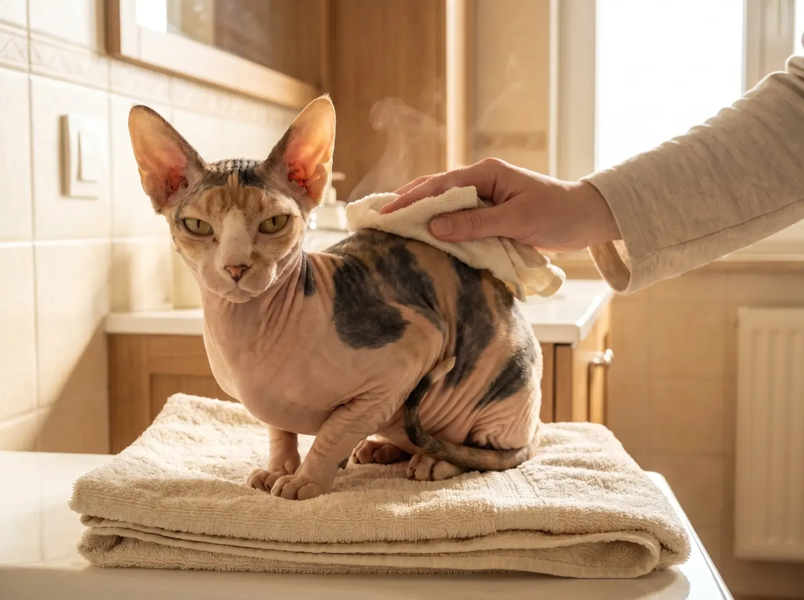 Sphynx, a young tortoiseshell cat on a towel while a hand wipes its back with a warm cloth