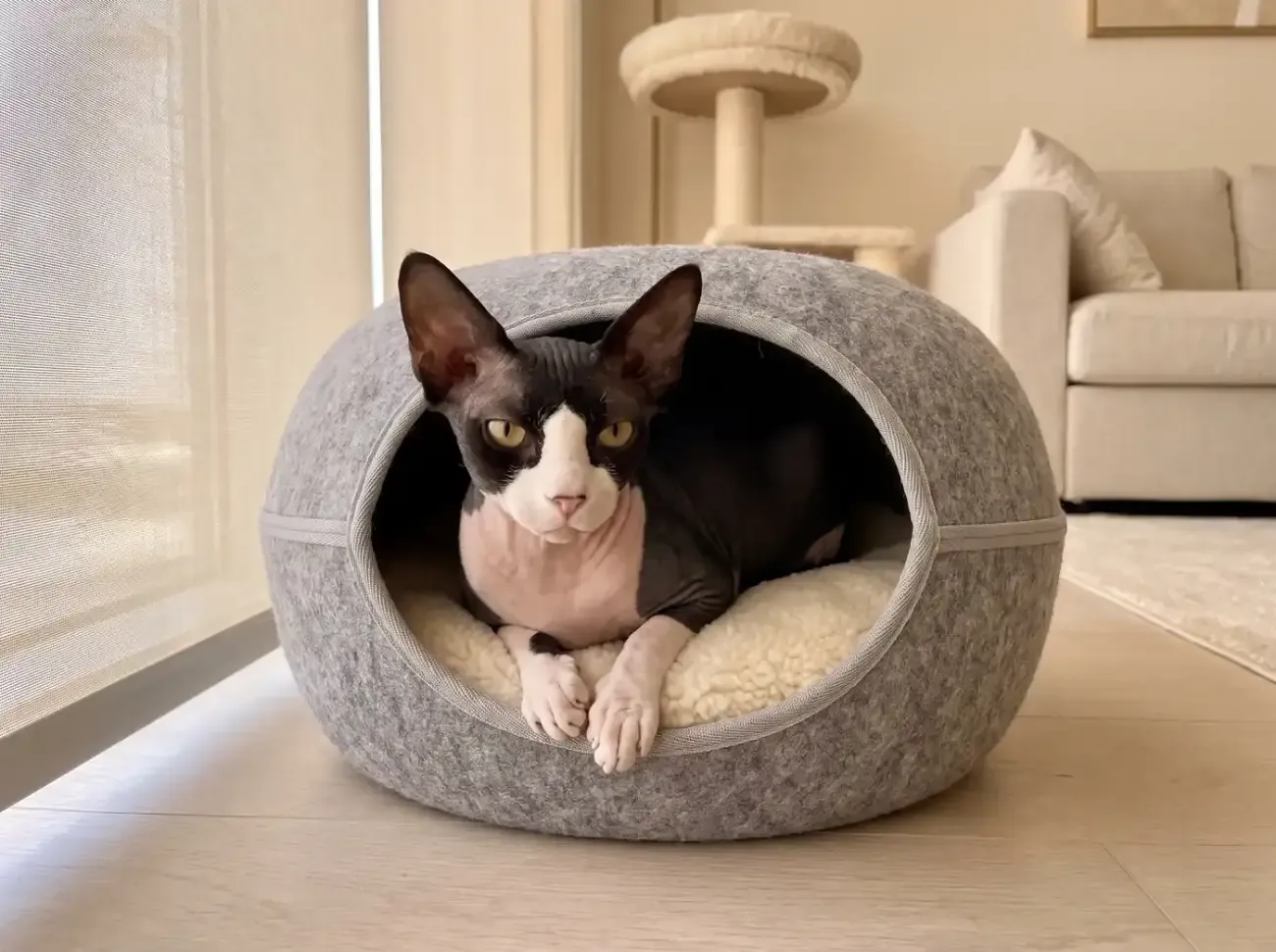 Sphynx, a black and white adult peeking out of a covered felt bed beside a shaded window