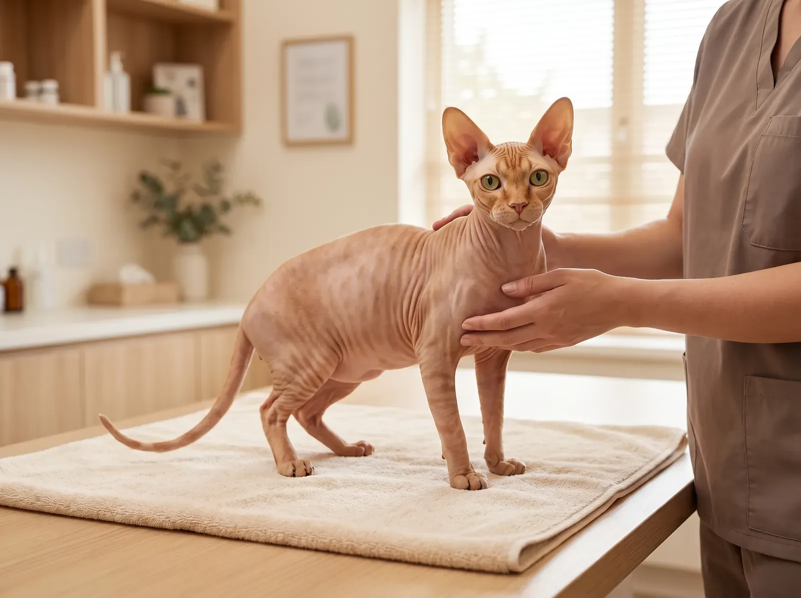 Sphynx, a young apricot cat on a consultation table, steadied by a vet's hands in taupe sleeves