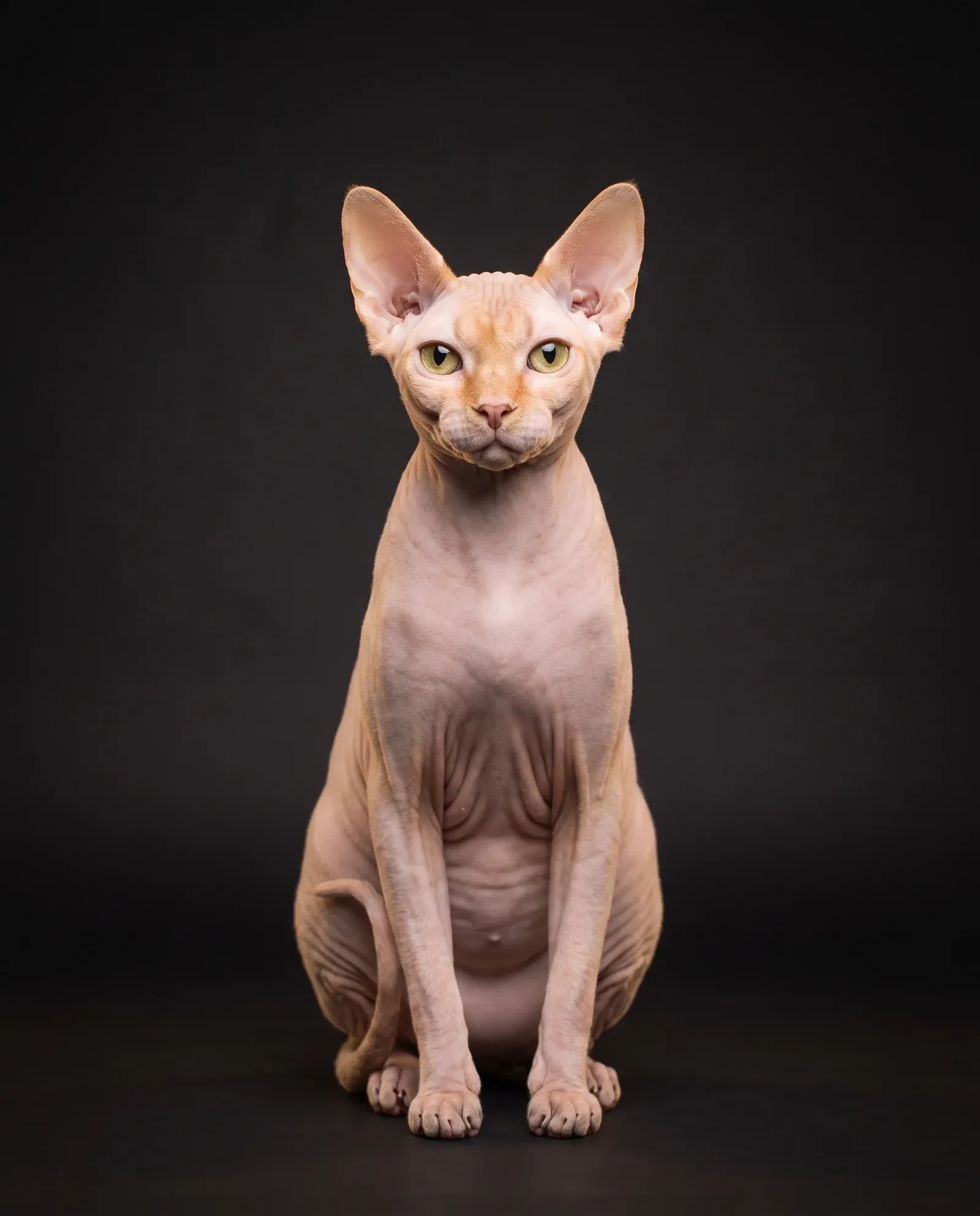 Sphynx in Dubai, studio portrait of a pink-cream hairless adult with large ears, sitting