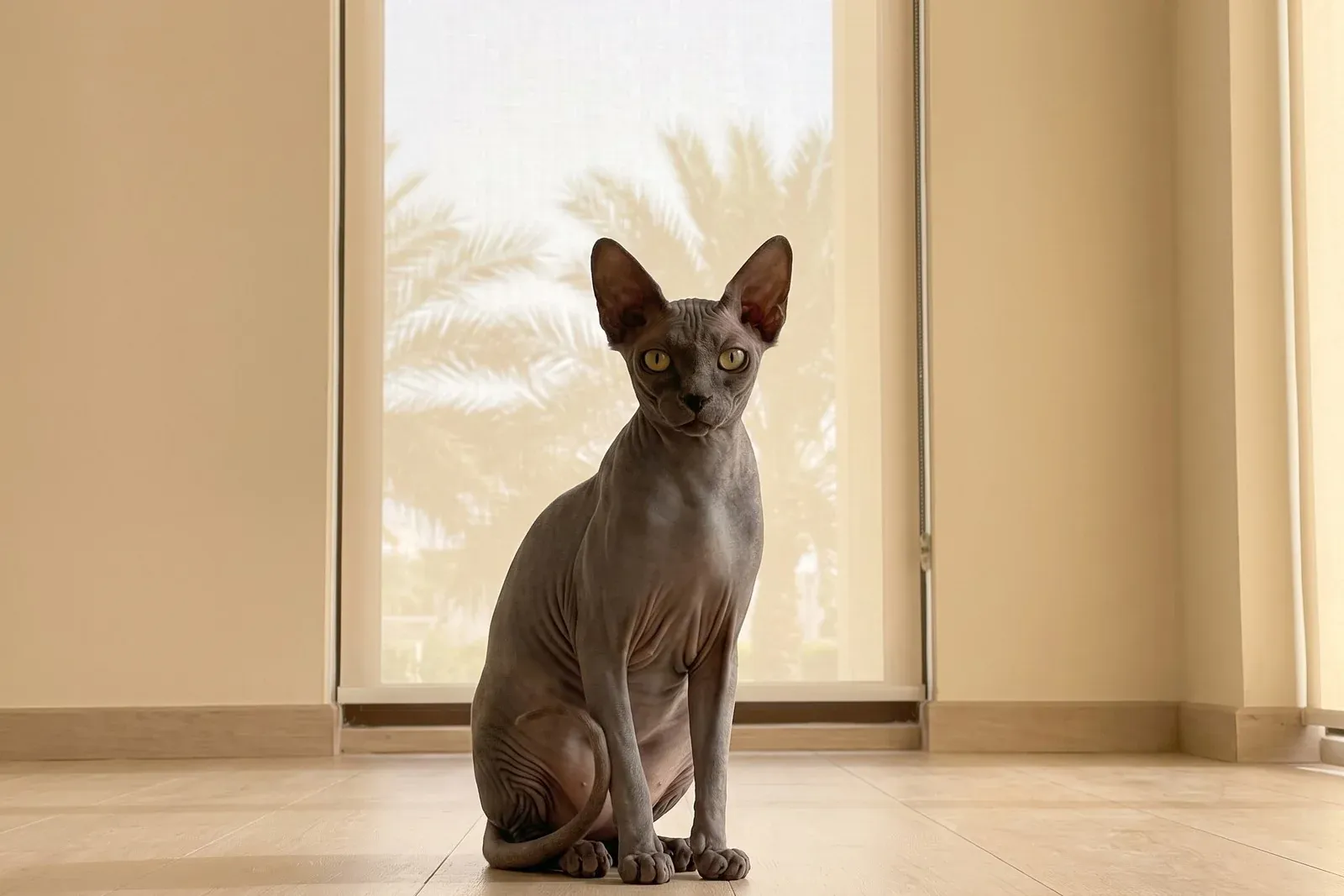 Sphynx history, the breed today, a grey-blue adult in a shaded room, Dubai, 2026