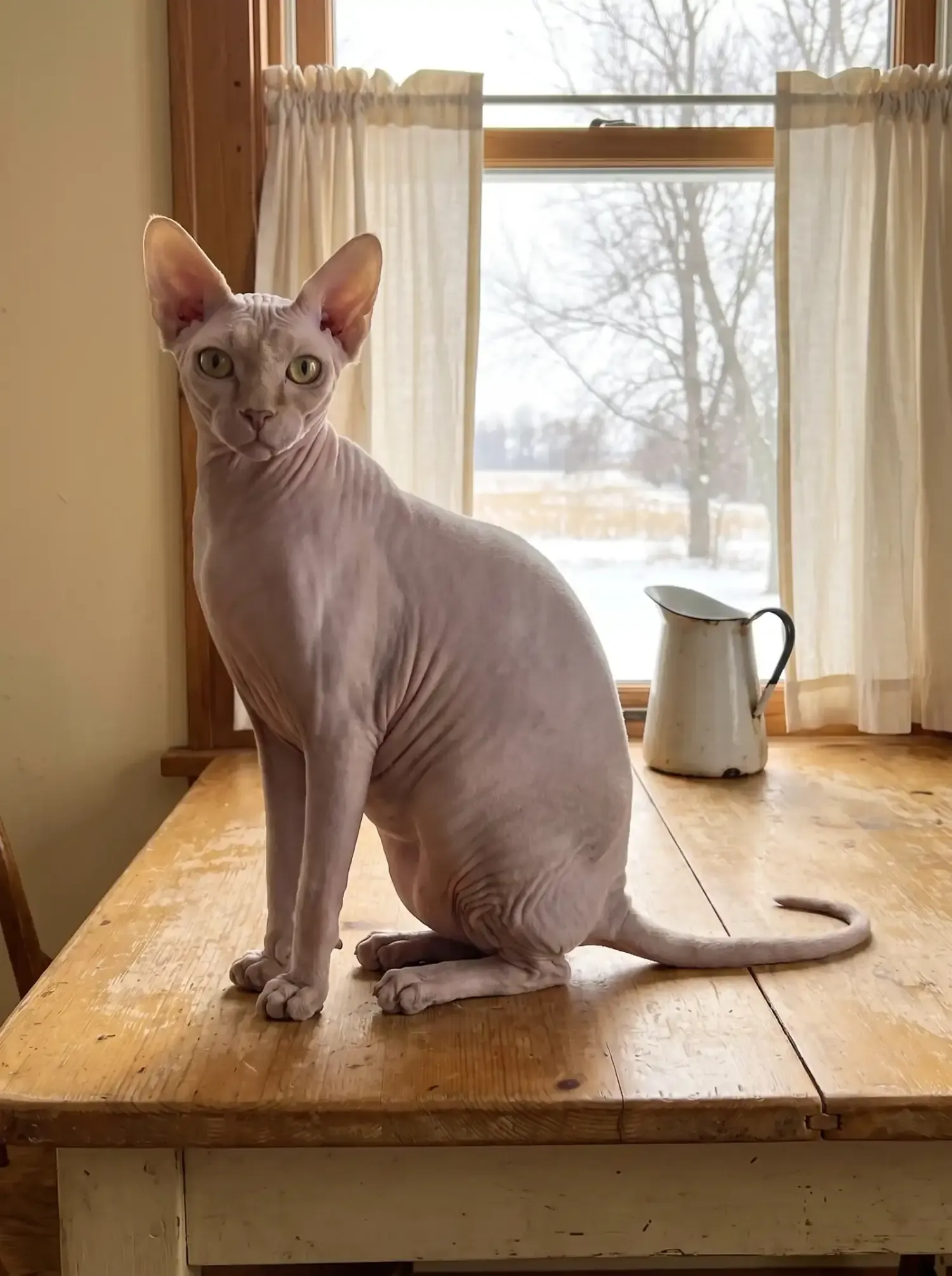 Sphynx, a lavender adult sitting on an old farmhouse kitchen table, snowy fields outside