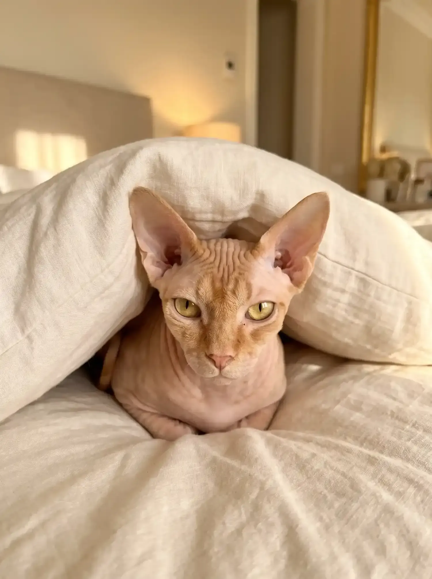 Sphynx, an apricot adult peeking out from under a cream duvet on a bed