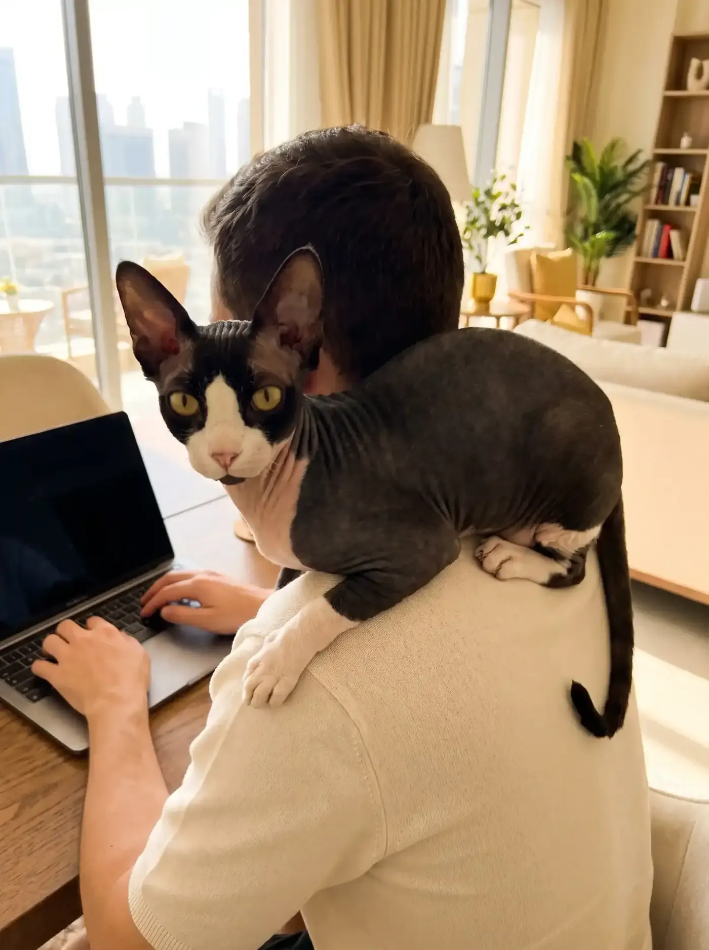 Sphynx in Dubai, a black and white adult across a person's shoulders at a laptop, the skyline outside