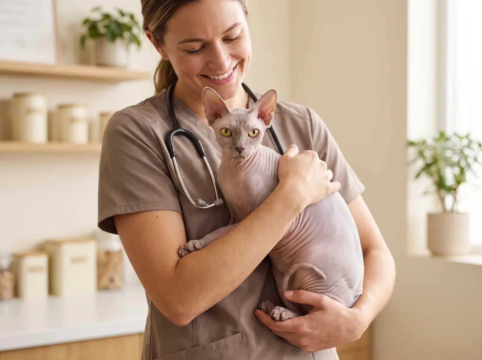 Sphynx, a lavender cat held gently by a smiling vet in taupe scrubs