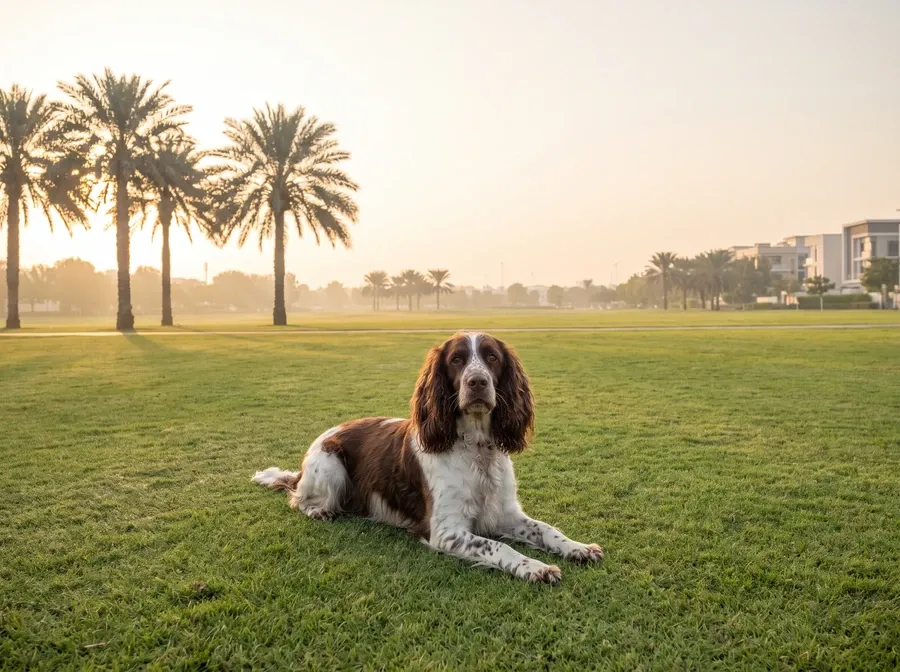 Springer Spaniel in Dubai, a liver and white adult lying on a park lawn with date palms and villas behind