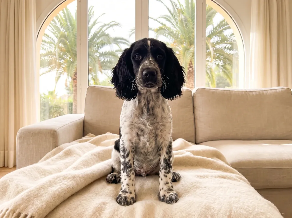 Springer Spaniel in Dubai, a blue roan puppy sitting on a cream blanket by an arched window with palms