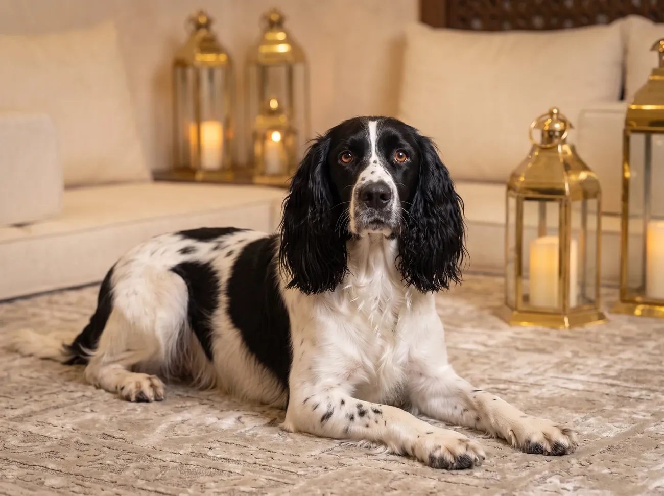 Springer Spaniel in Dubai, a black and white adult lying on a rug in a majlis with brass lanterns