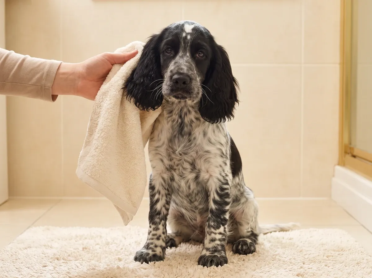 Springer Spaniel, a blue roan puppy having one ear gently dried with a soft towel