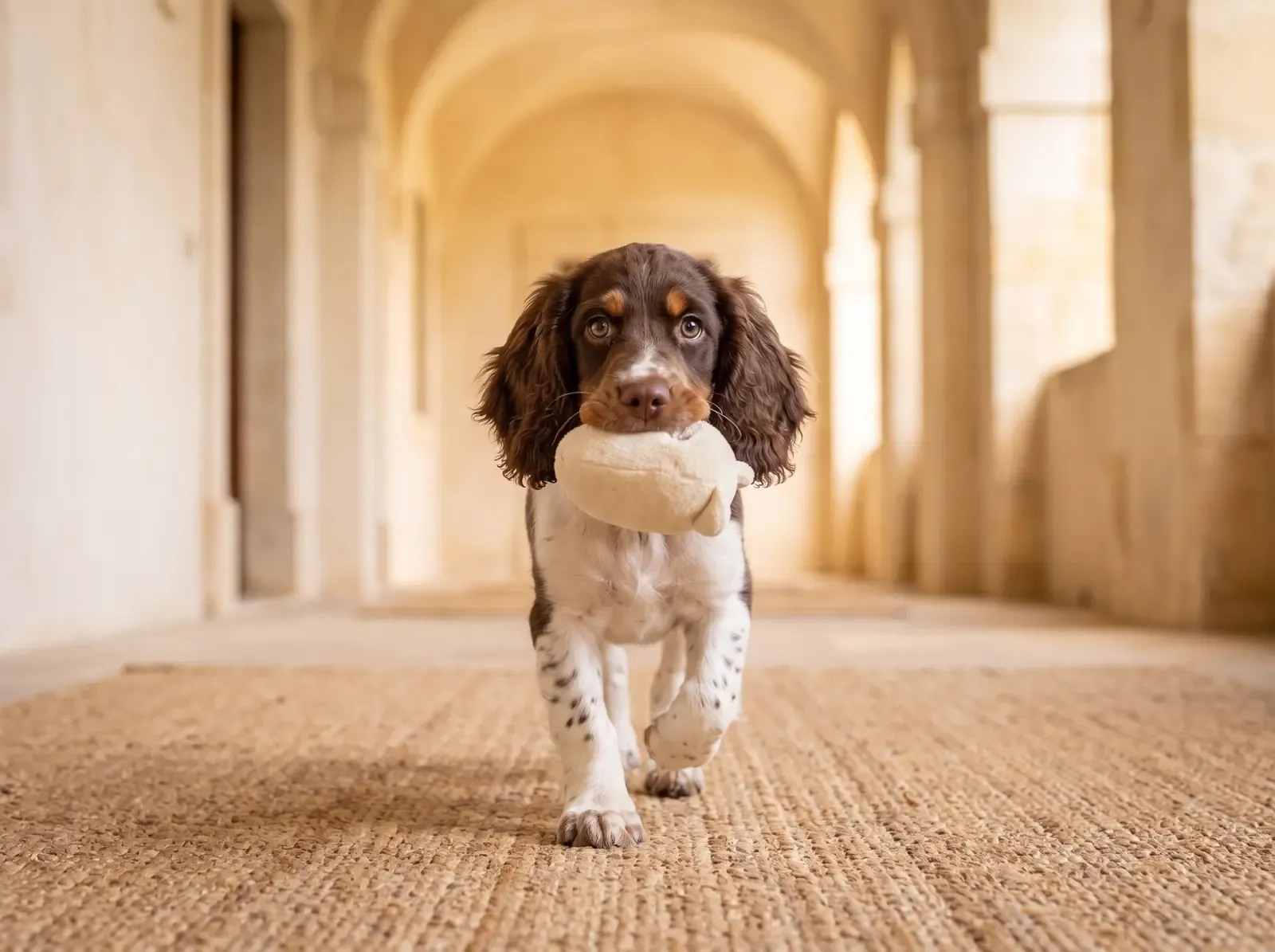 Springer Spaniel, a liver tricolour puppy carrying a soft toy across a jute rug in an arched hallway