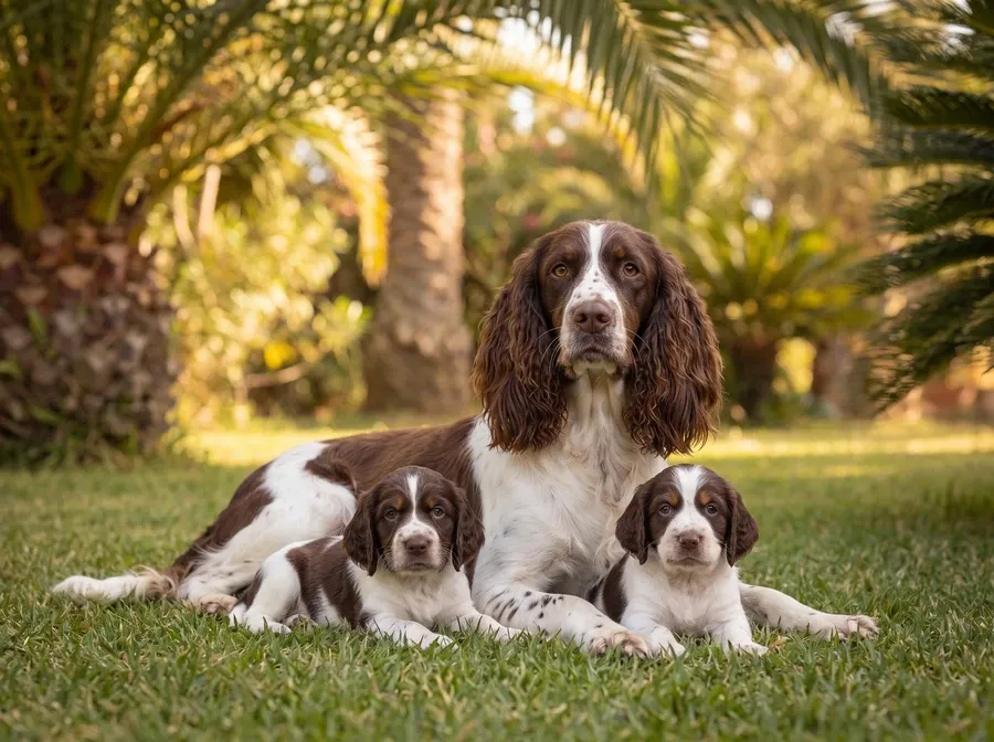 Springer Spaniel in Dubai, a liver and white mother lying on grass with two puppies, date palms behind