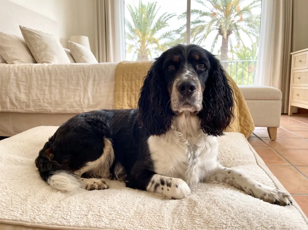 Springer Spaniel in Dubai, an older black tricolour adult with a greying muzzle on a soft bed, palms outside
