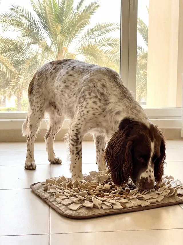 Springer Spaniel in Dubai, the same liver roan adult nose down at a snuffle mat, palms through the window