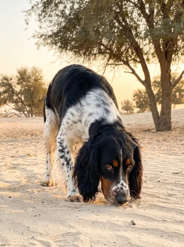 Springer Spaniel in Dubai, a black tricolour adult nose down on pale sand among ghaf trees at dawn