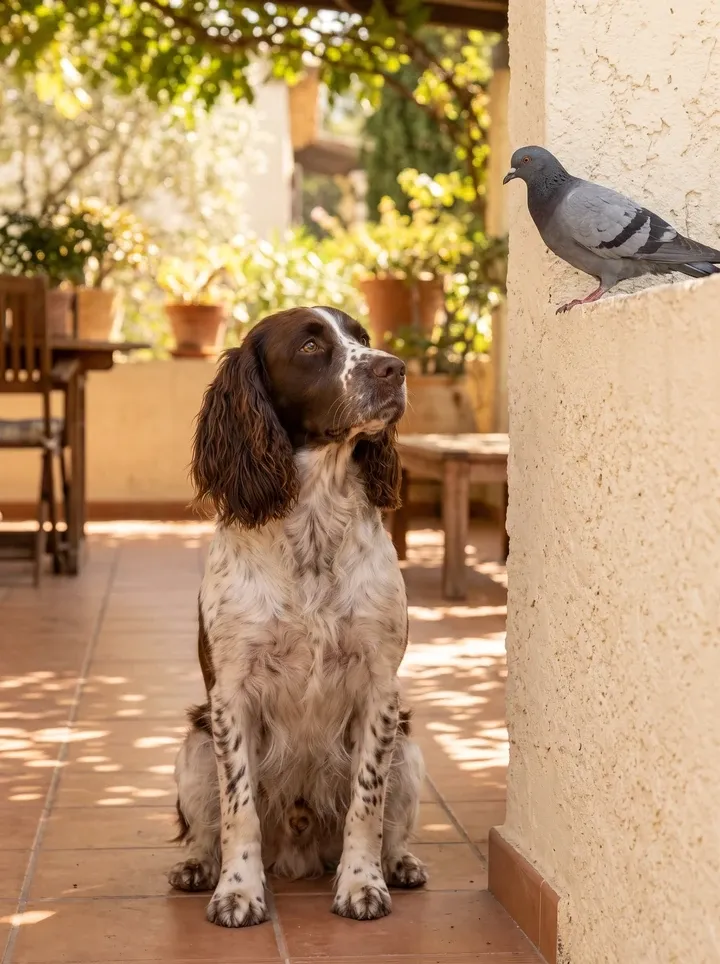 Springer Spaniel, a liver roan adult sitting on a shaded terrace, watching a pigeon on a cream wall