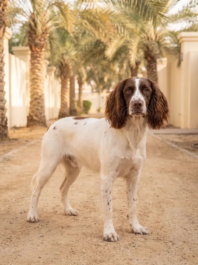 Springer Spaniel in Dubai, a lean field type standing on a sandy path lined with date palms