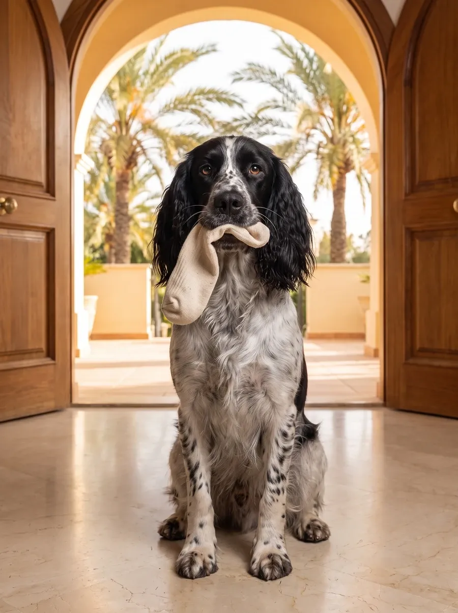 Springer Spaniel in Dubai, a blue roan adult holding a sock inside an arched front door, palms outside