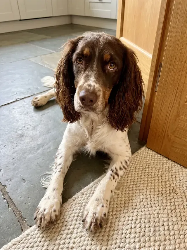Springer Spaniel, a liver tricolour adult lying by the kitchen doorway, paws on a woven rug, looking up