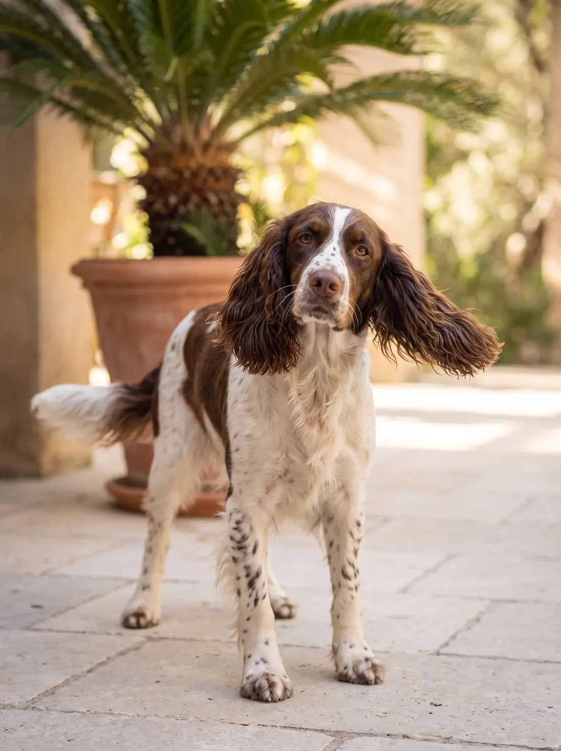 Springer Spaniel, a liver and white adult mid head shake, long ears flying, in a shaded courtyard