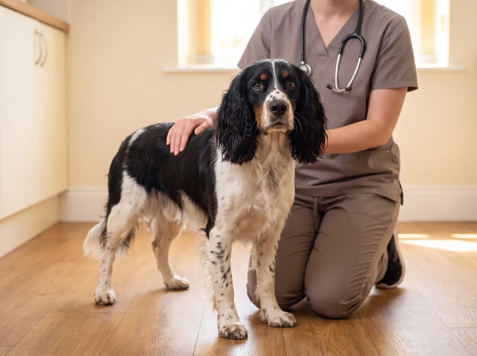 Springer Spaniel, a black tricolour adult standing while a vet in taupe scrubs rests a hand on its back