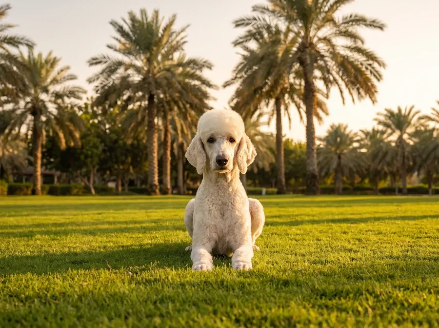 Standard Poodle in Dubai, a white adult sitting on a park lawn under date palms in golden light