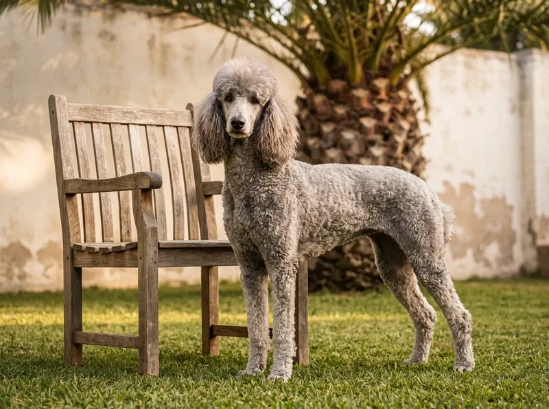 Standard Poodle in Dubai, a silver adult standing by a timber bench on a villa lawn, a date palm behind