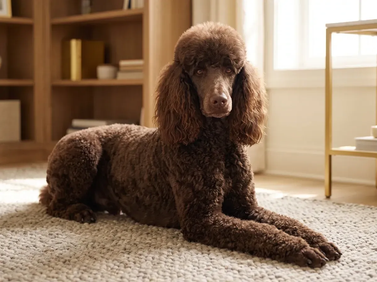 Standard Poodle, a brown adult lying on a woven rug in a quiet study